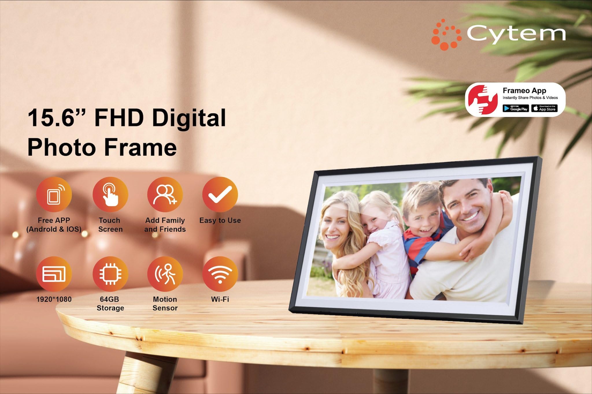 Cytem Digitaler Bilderrahmen 15.6 Zoll mit WLAN & Frameo App, 64GB Speicher, Bewegungssensor, automatische Bilddrehung, IPS Touchscreen 1920x1080, SchwarzWeiß