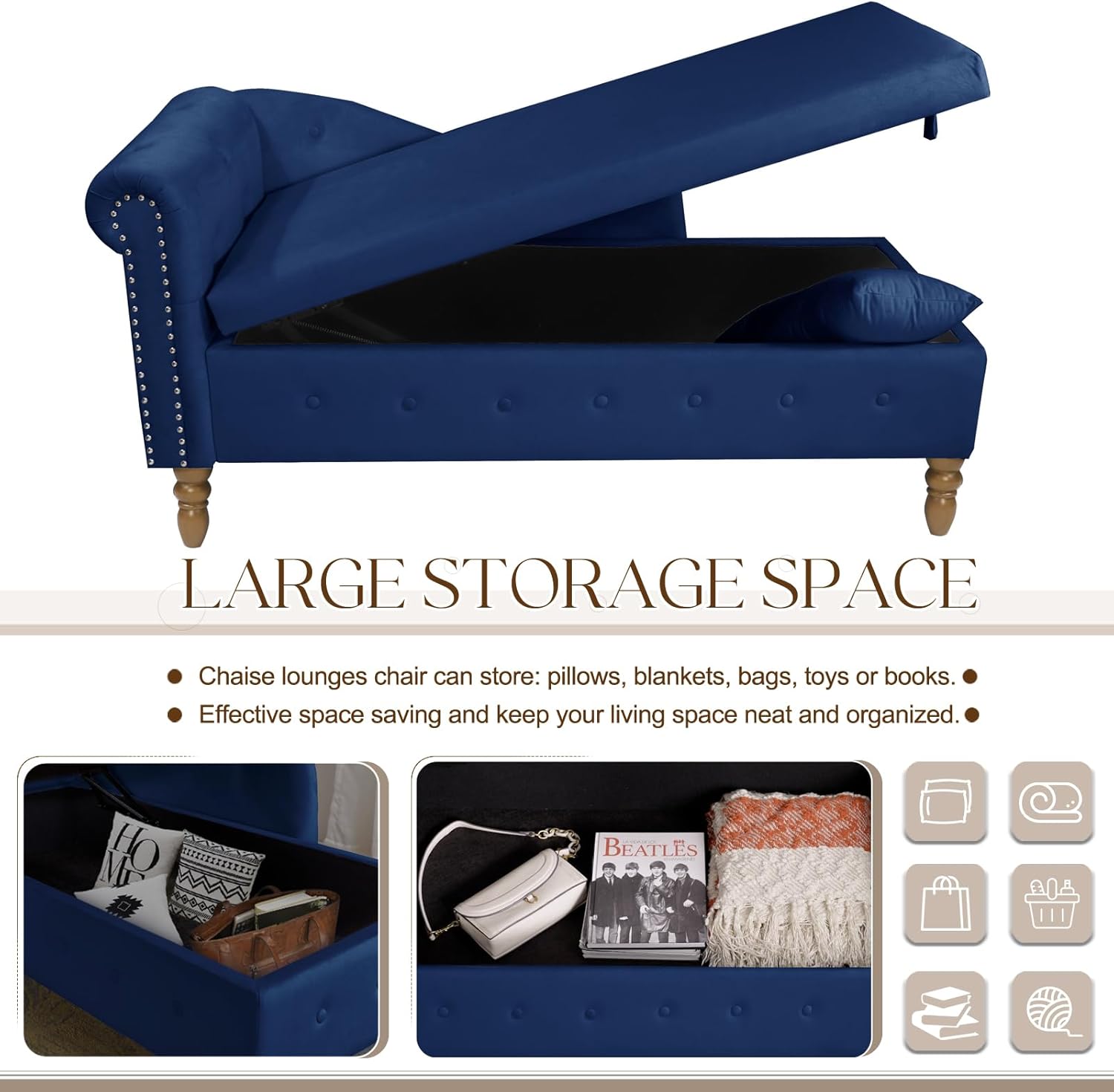 58 inch Velvet Chaise Lounge with Storage, Upholstered Lounge Chair with Lumbar Pillow and Rolled Armrest, Button Tufted Indoor Chair with Nailhead Trim, for Living Room Bedroom Office (Blue)