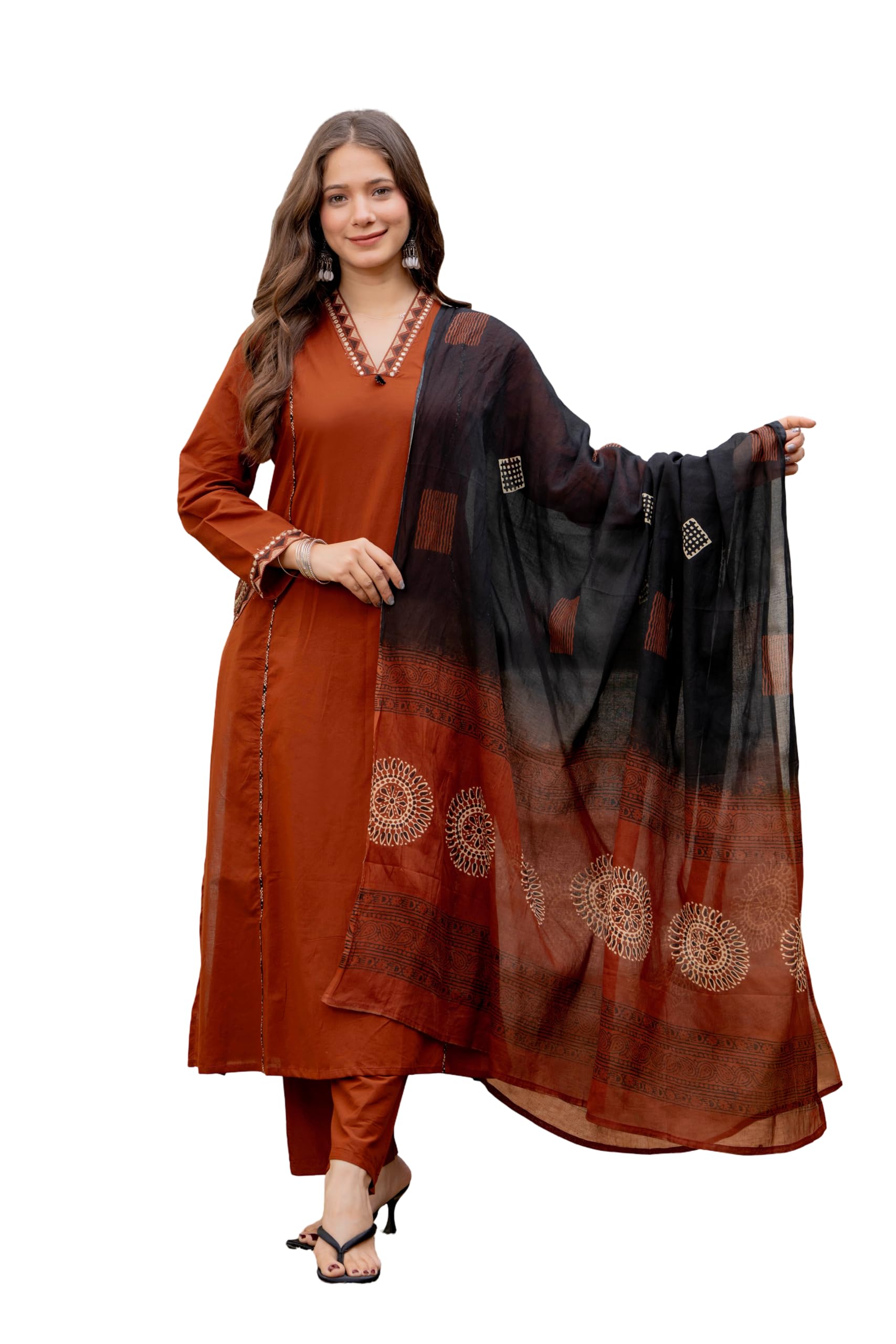 meera fab Women Floral Printed Pure Cotton Straight V-Neck Kurta with Palazzos & Dupatta-picture-14