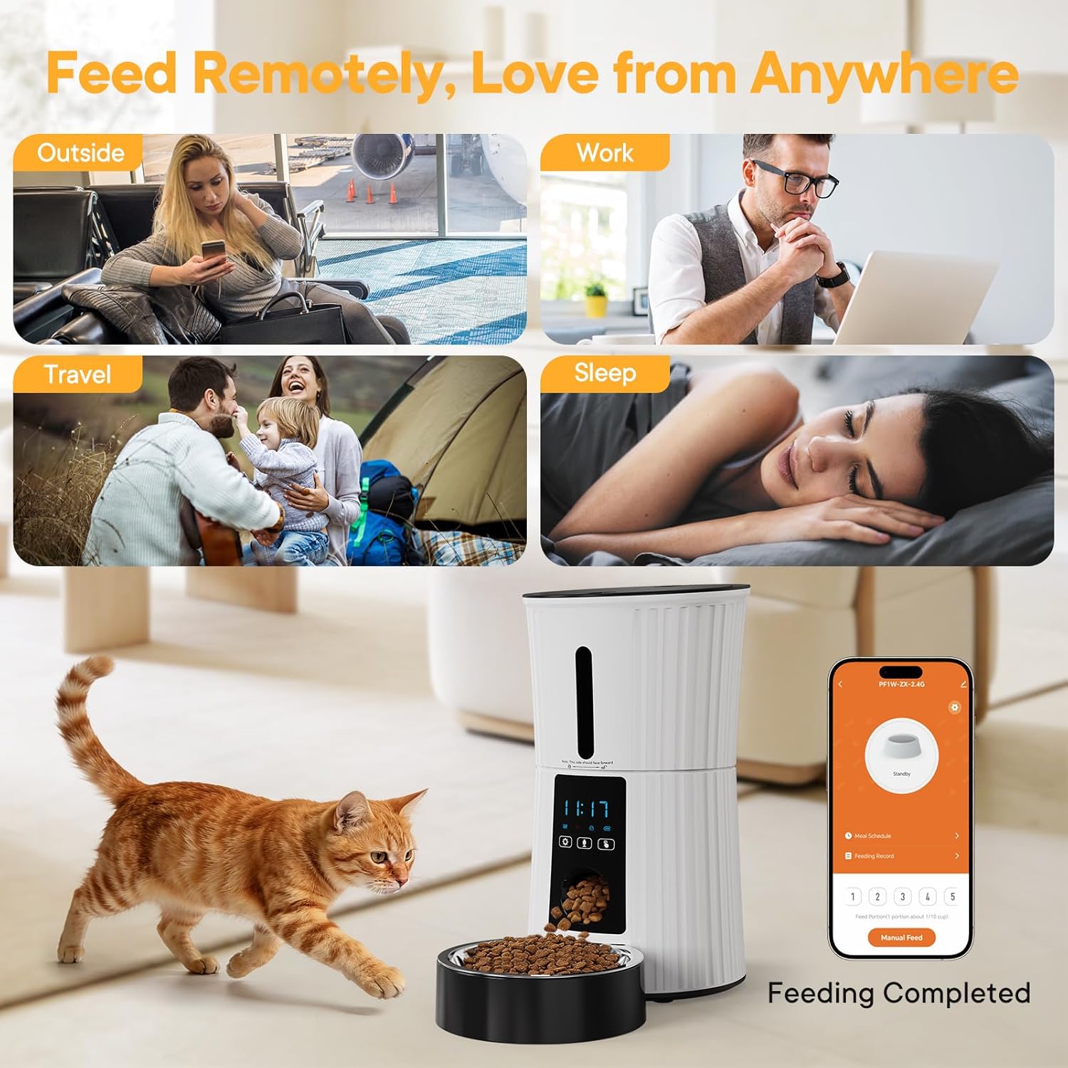 NEWBULIG Automatic Cat Feeder, 4L Timed Pet Feeders with 10s Voice Recorder, Dog Food Dispenser with APP Control, Dry Food, 10 Meals, Programmable 50 Portions, Dual Power Supply, Desiccant Bag