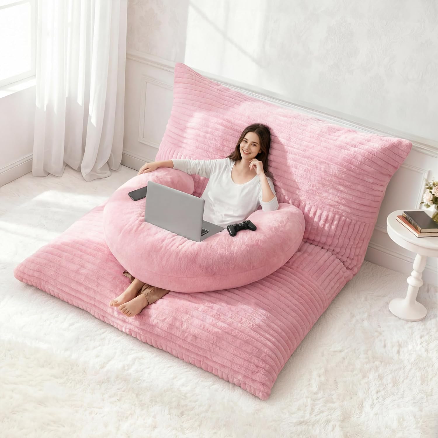 Homguava Giant Bean Bag Chair for Adults with Pillow, 4 in 1 Convertible Floor Cushion for Adluts, Memory Foamed Bean Bag Lounger with Washable Cover for Living Room, Bedroom