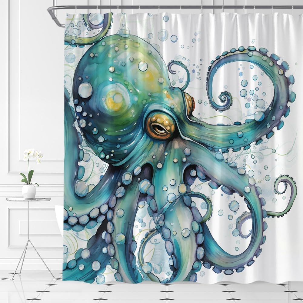 Octopus Shower Curtain Funny Nautical Kraken Ocean Animals Octopus Tentacle Creative Bubble Fabric Bathroom Decor Set with Hooks,(70" Wx78 H)