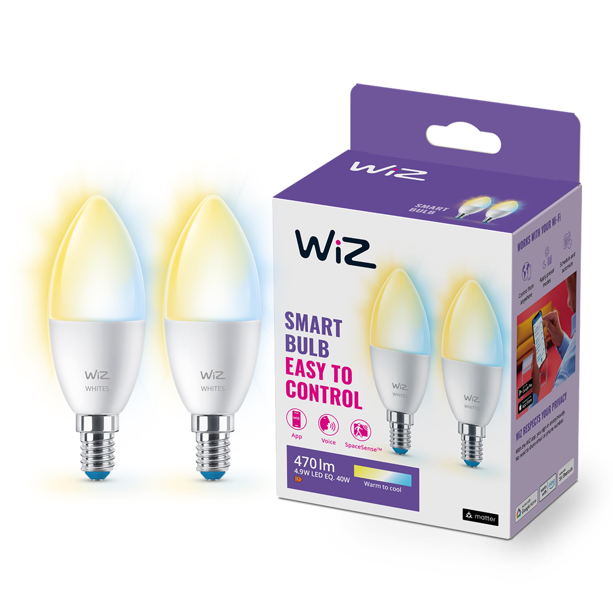 WiZ Smart Bulb,E14,40W Warm to Cool White Light, Smart Dimming LED, Connected WiFi Works with Alexa