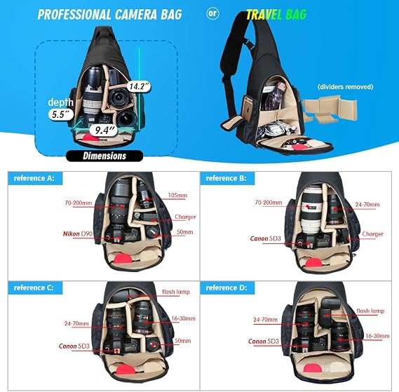 Camera Sling Backpack Waterproof for DSLR Camera with Rain Cover,Black | Fits Canon Nikon Sony Pentax DSLR, Holds Lens, Tripod & Accessories, Ideal for Outdoor Travel, Hiking & Photography