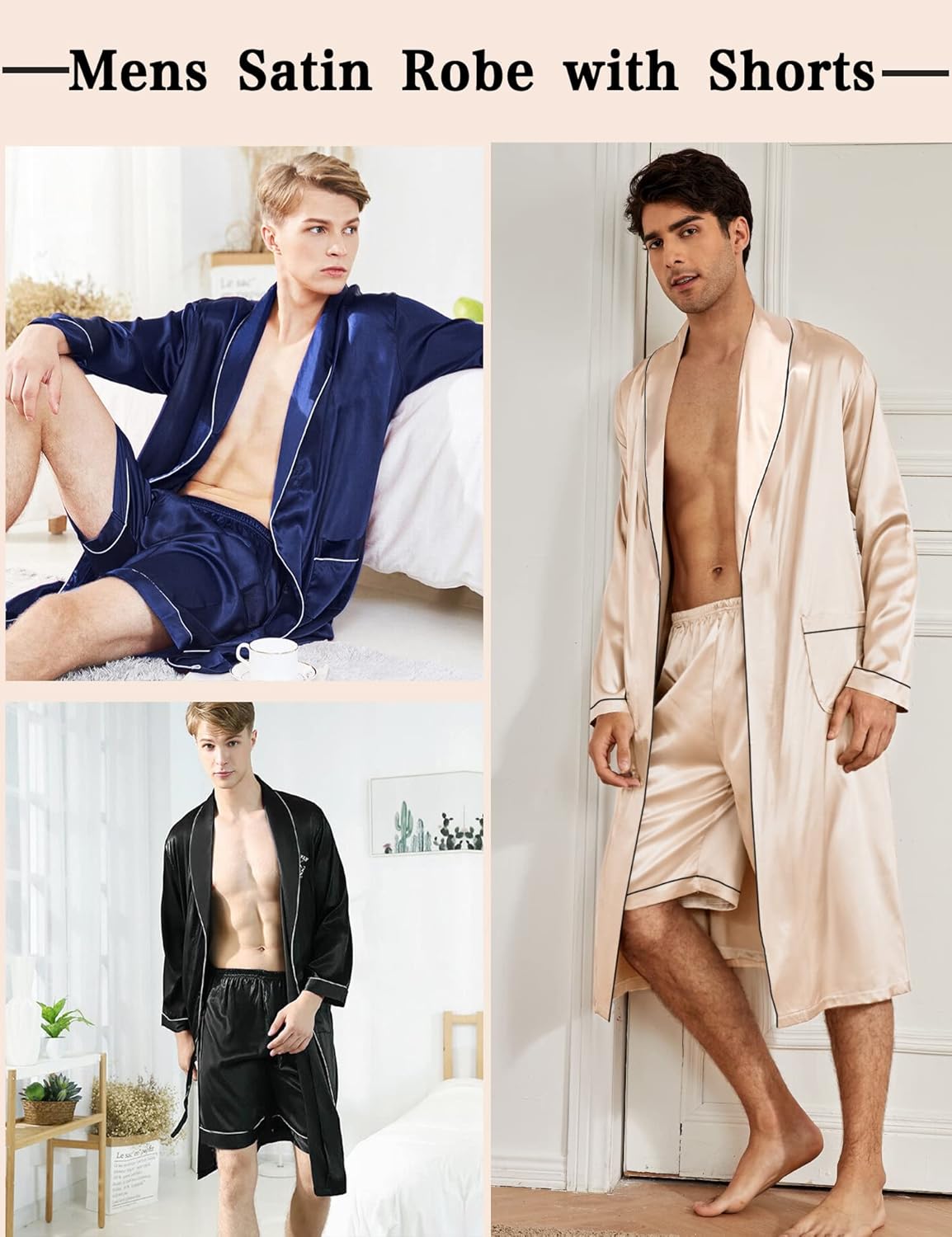 SWOMOG Men's Satin Robe Silky Kimono Bathrobe with Shorts Set Lightweight Soft Loungewear Nightwear - Image 3