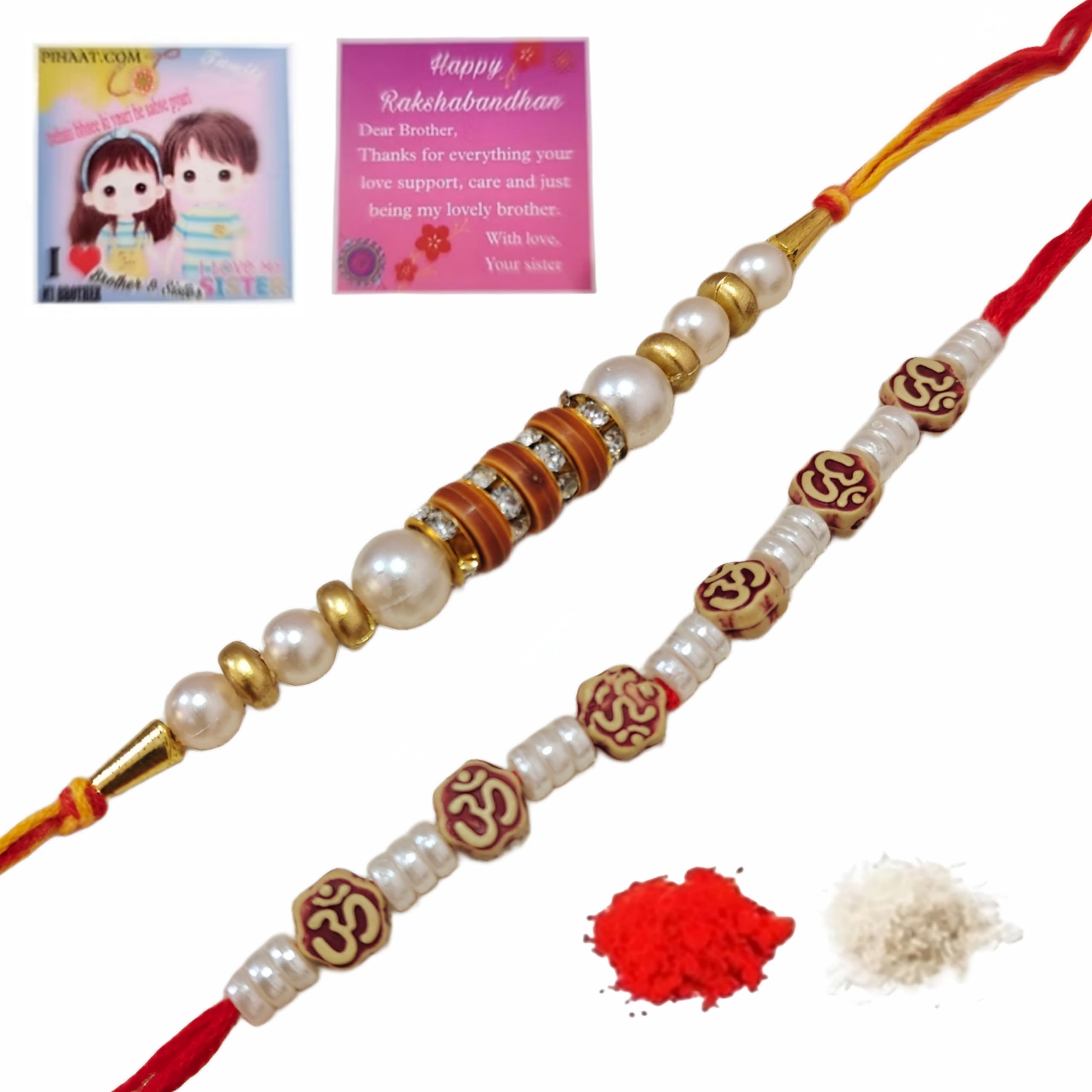 Om Charm Pearl Gold Plated Rakhi Bracelet Wristband Roli Chawal Fridge Magnet Greeting Card Bhai Bhaiya Set Of 2-image-44