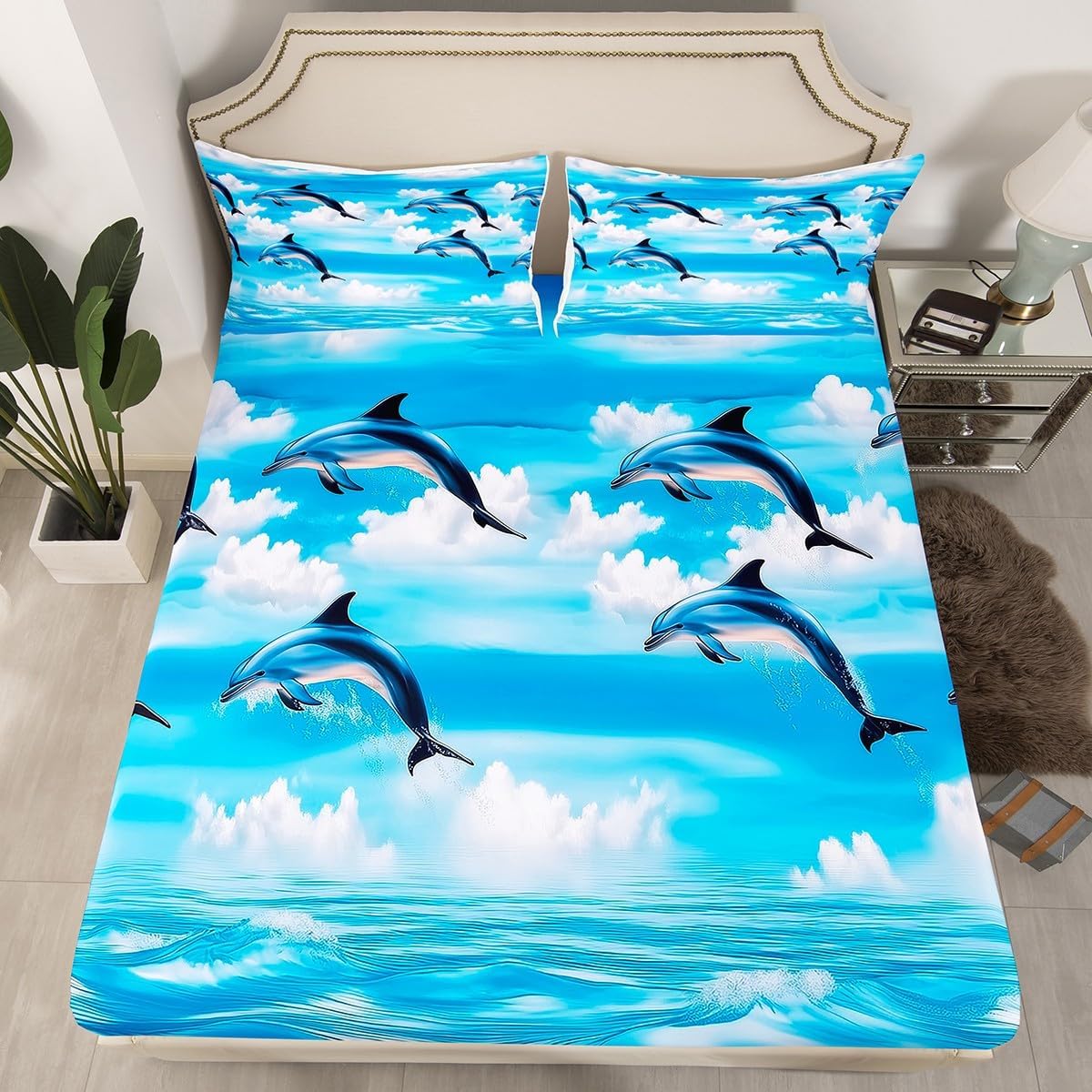 jejeloiu Dolphin Bed Sheets Set Queen Size Cute Ocean Animal Deep Pocket Fitted Sheet Jumping Dolphins Bedding Sets Ocean Soft Bed Set 4Pcs with 2 Pillow Cases