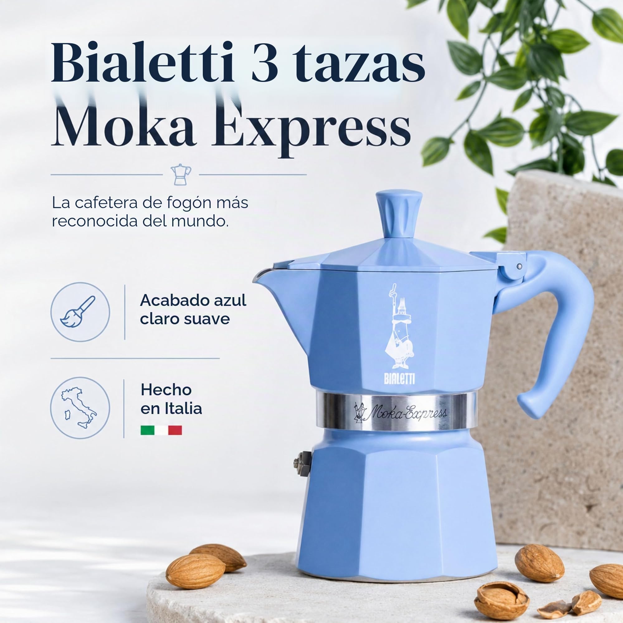 Bialetti Moka Express - Juego de cafetera de aluminio para 3 tazas de color turquesa con café molido y almendra, 250 g, sabor a almendra