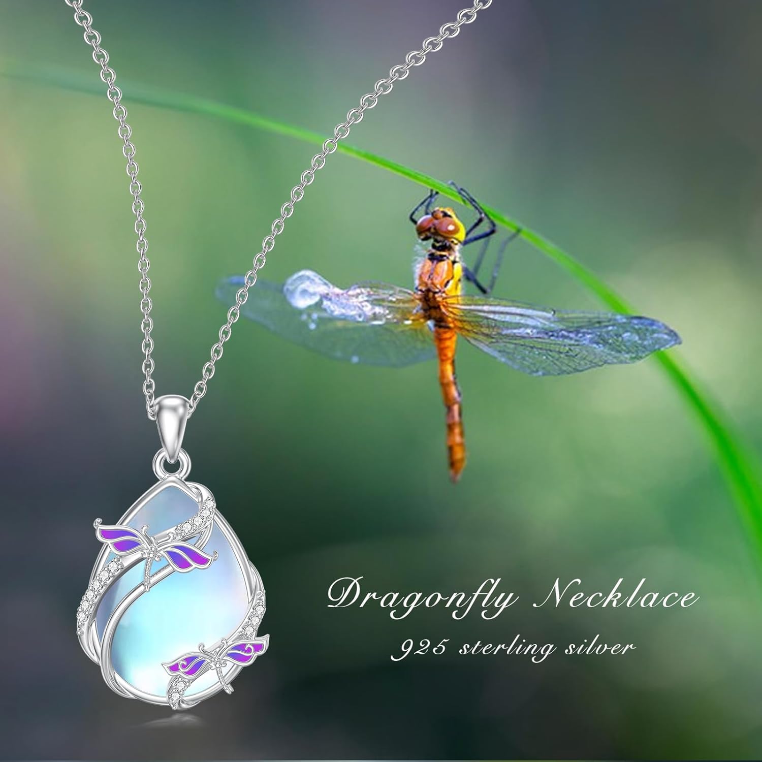Dragonfly Necklaces for Women 925 Sterling Silver Teardrop Moonstone Pendant Necklace Dragonfly Jewelry Birthday Gifts for Women Daughter Mother - Image 4
