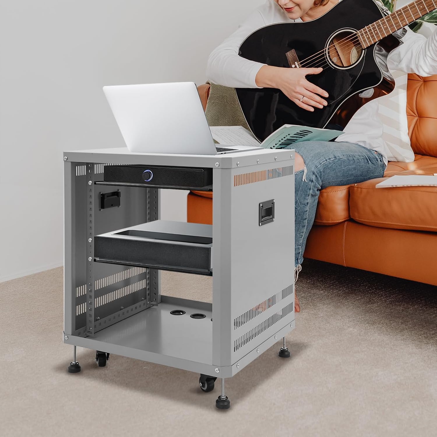 12U Audio Rack Server Racks Studio Racks with Four Wheels Component Rack for Av Equipment, NAS, Servers Rolling Network Cabinet for Home Laboratories, Recording Studios, Band Rehearsals(Grey)