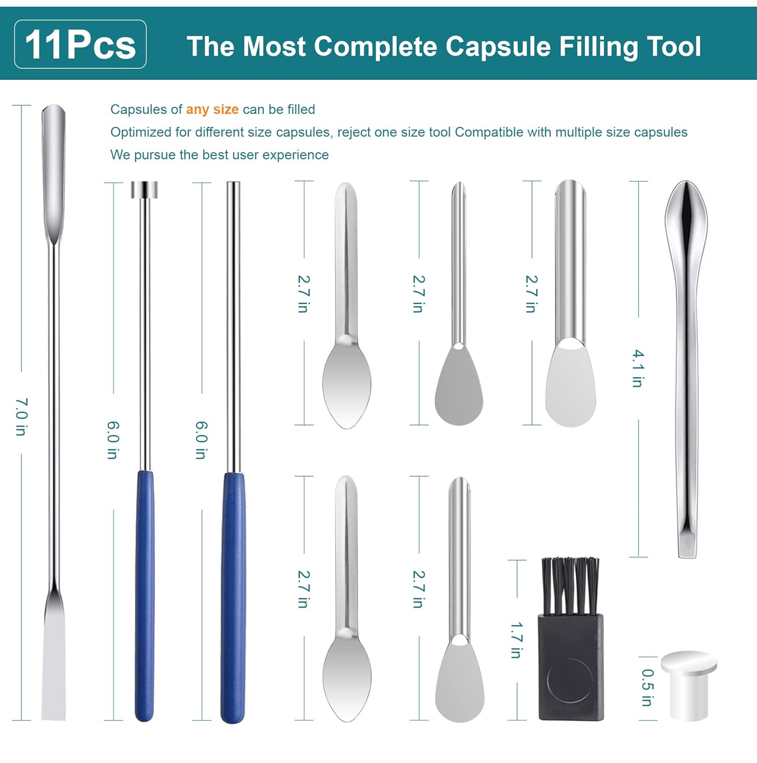 11 Piece Capsule Filling Machine Kit for Pill Filler - Micro lab Spoons Spatula Tool for Gel Capsules Empty Quickly Fill Tray with Herb Powder Tamper Tools All Sizes # 000 00 0 1 2 3 4 5: Industrial & Scientific