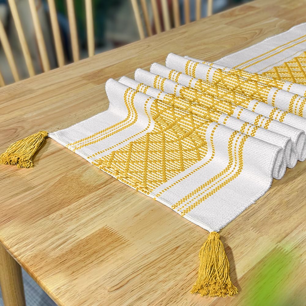 Drapeau de table jaune 350x35 cm fait main en coton et lin pour buffet