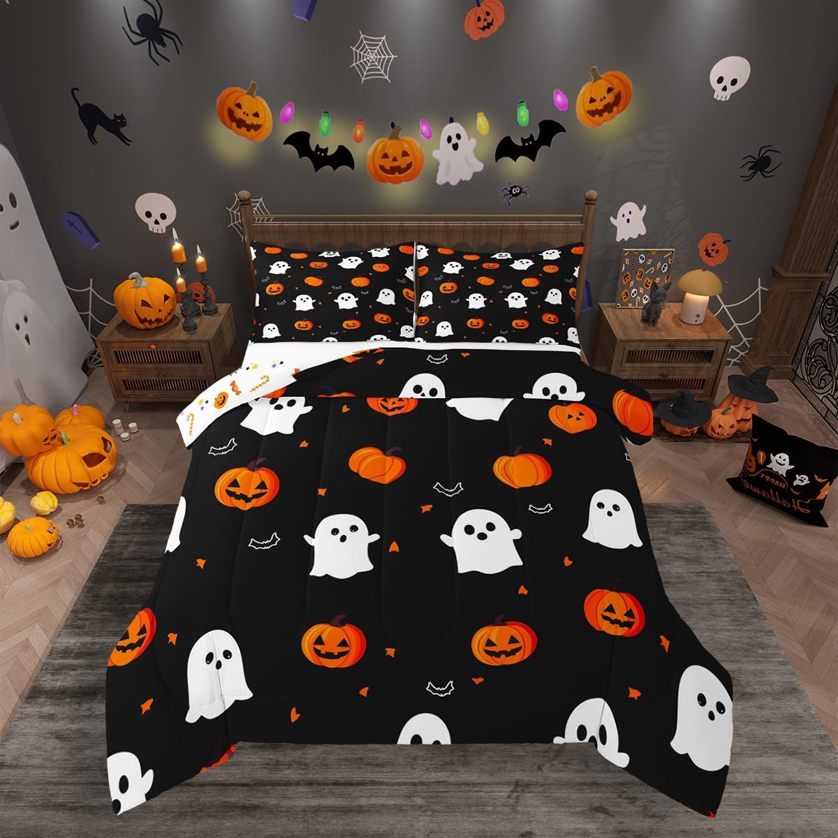 Feelyou Kids Happy Halloween Comforter Set Twin Size Pumpkin Bedding Set Bedroom Decor Ghost Printed Duvet Quilt Breathable Soft Lightweight Microfiber Women Men Duvet Quilt with 1 Pillow Case