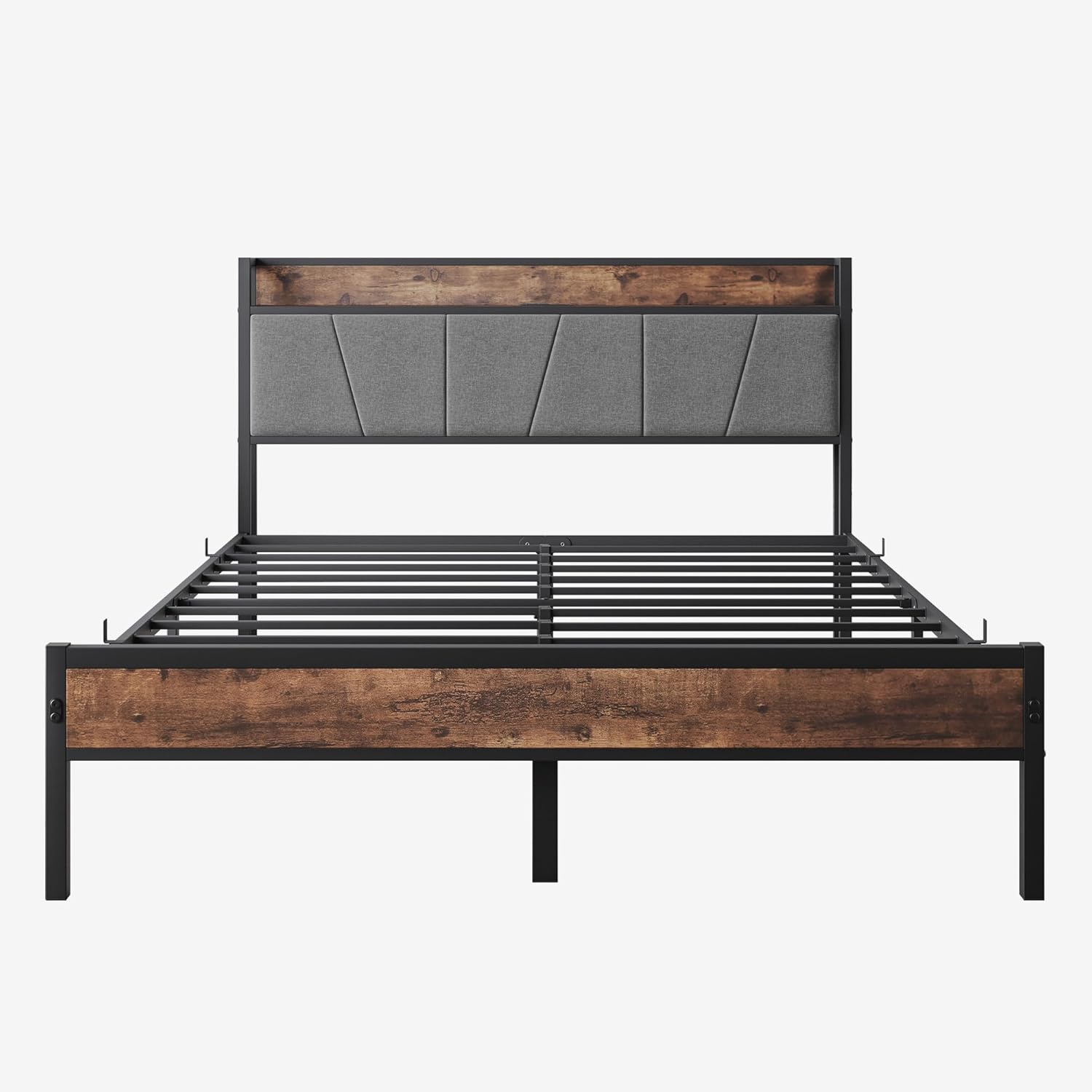 VFJ Queen Bed Frame,Queen Bed Frame with Storage Headboard,Storage Headboard with Charging Station,Noise Free, No Box Spring Needed, Easy Assembly,Vintage Brown (Full Small)