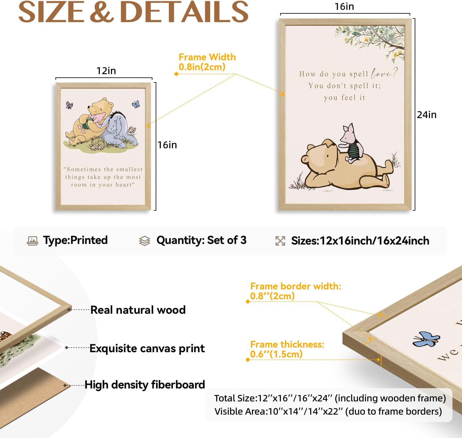 LERVR Wood Framed Bear Nursery Wall Art Set of 3, Cute Bear and Friends Storybook Canvas Print, Sweet Inspirational Quote Decor, Cartoon Animal Nursery Artwork for Kids RoomPlayroom 12x16 Inch