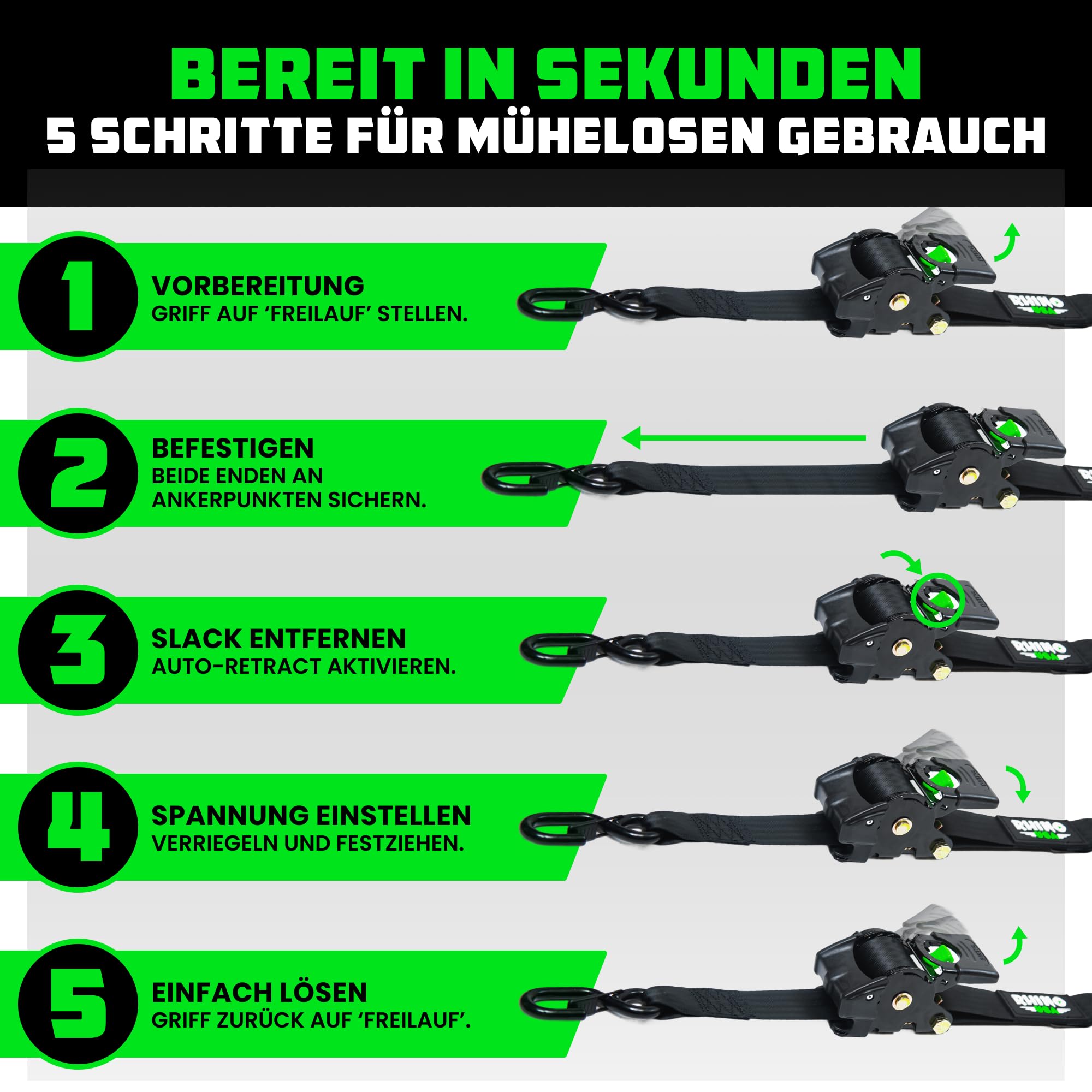 Rhino USA Selbstaufrollende Spanngurte (2er-Pack) - 5cm x 3m (1,360kg Bruchfestigkeit) - Hochleistungs-Automatik-Spanngurte für LKW, Anhänger, Motorrad, Fahrrad & Mehr - Schwarz