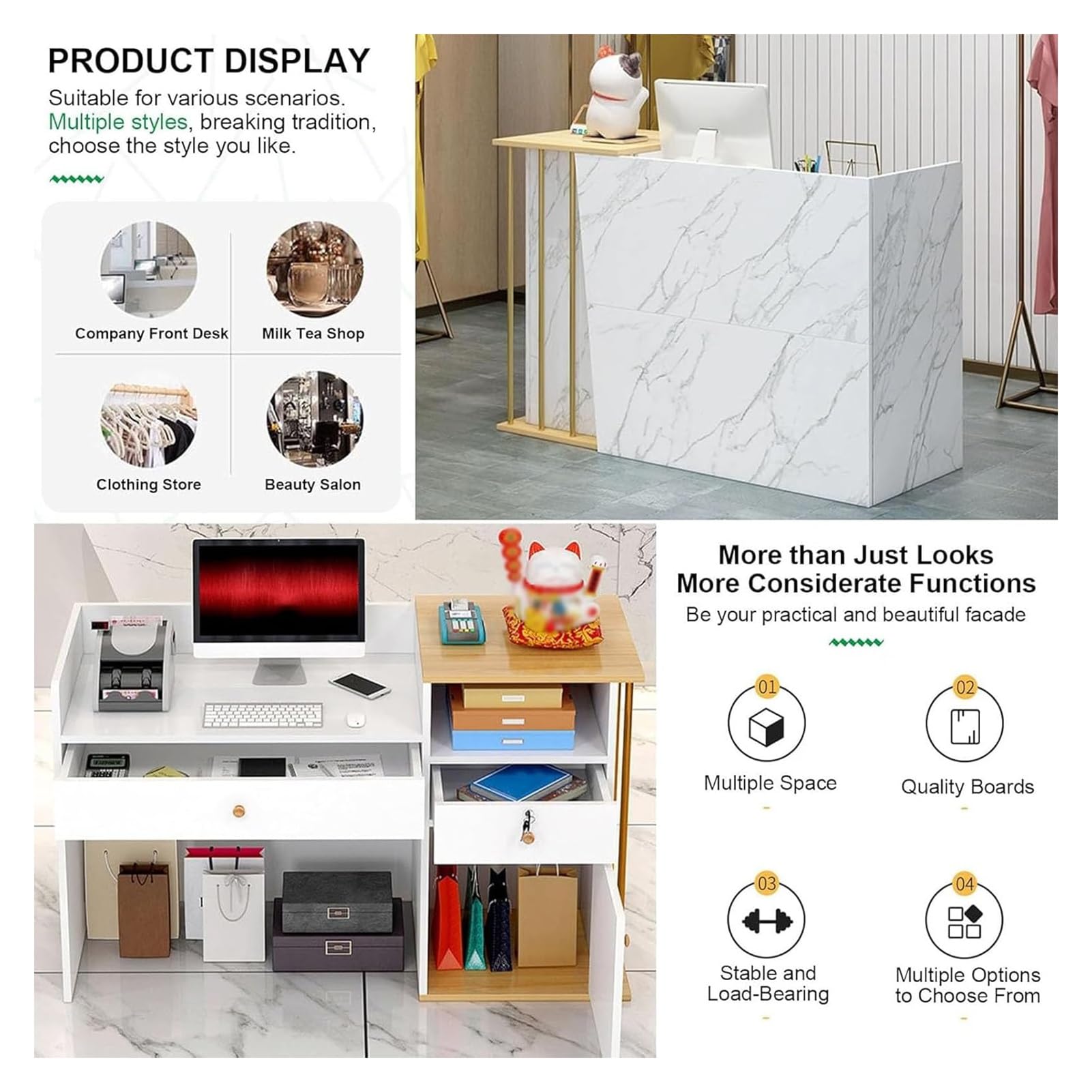 Mostrador De Recepción,Mesa De Recepción con Cajón Cerradura,Gabinete De Cajero Estilo Mármol,Mueble Recepción Mostradores para Tiendas,Salones De Belleza(C,140cm)