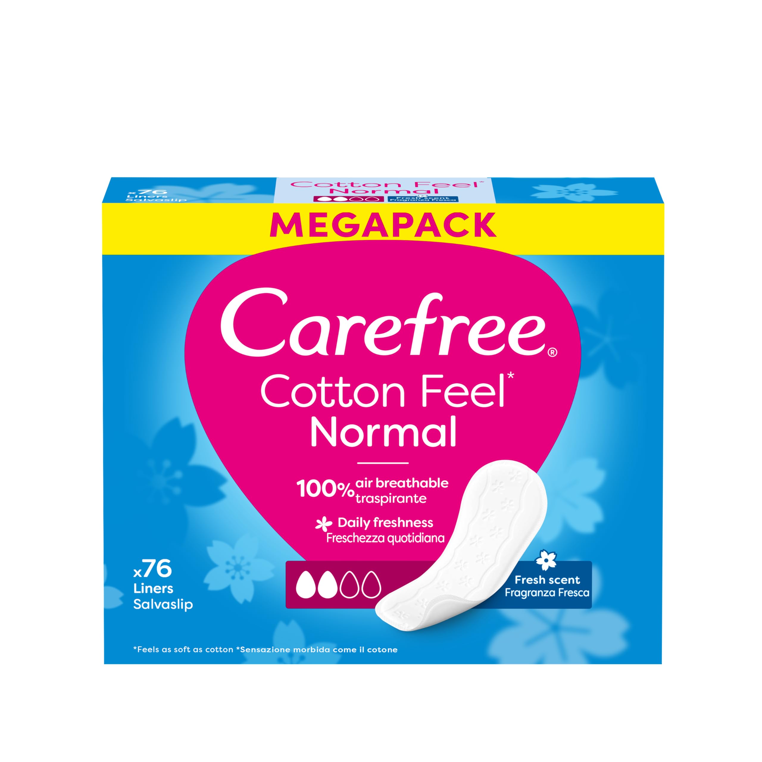 Carefree Cotton Fresh 76 szt. Wkładki higieniczne z naturalnym ekstraktem z bawełny o świeżym zapachu. Miękkie i łagodne dla skóry. Nie zawierają barwników. Niebielone chlorem.