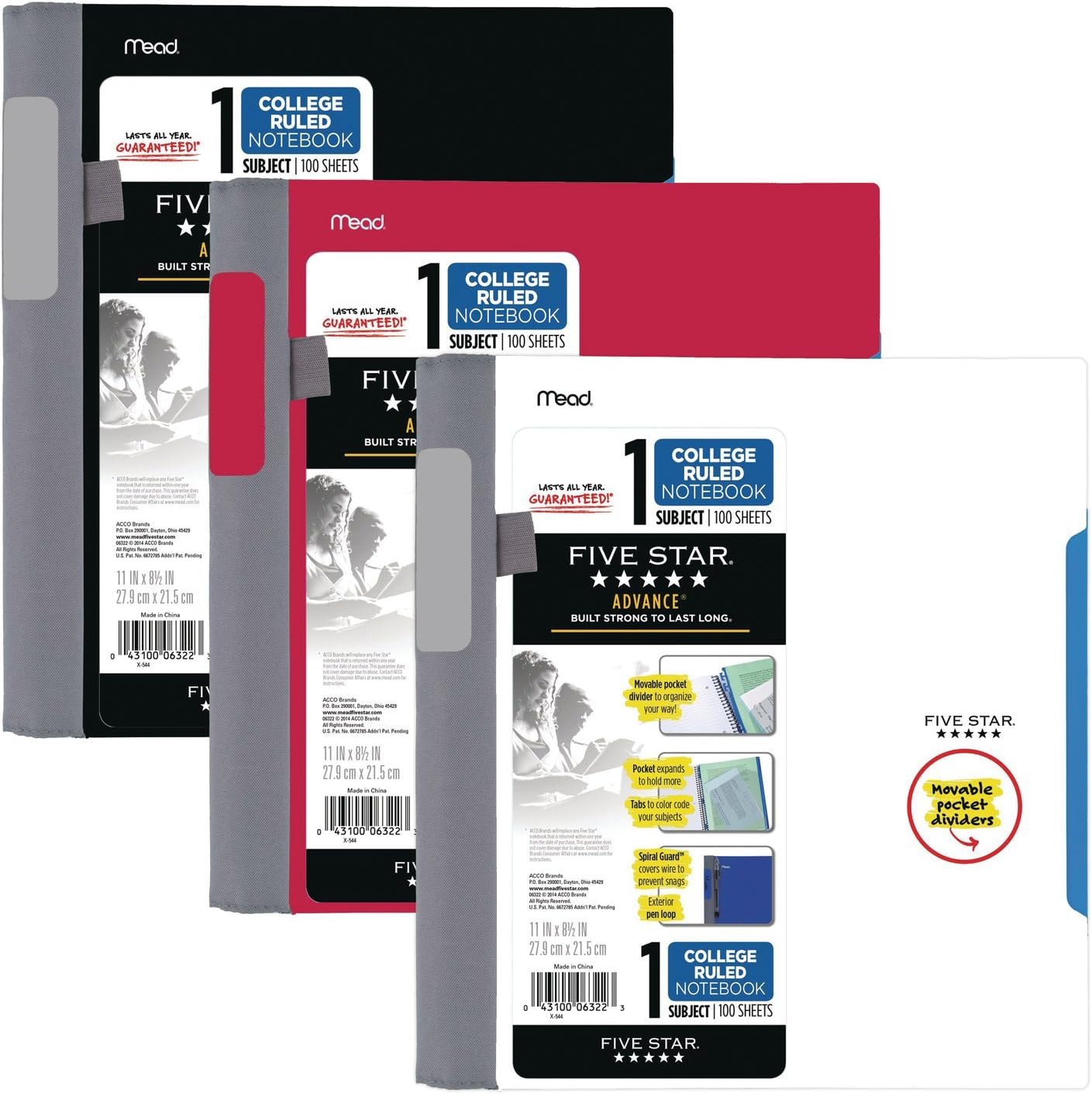 Five Star Advance Spiral Notebooks, 1 Subject, College Ruled Paper, 100 Sheets, 11" x 8-1/2", Black, White, Red, 3 Pack (38631)