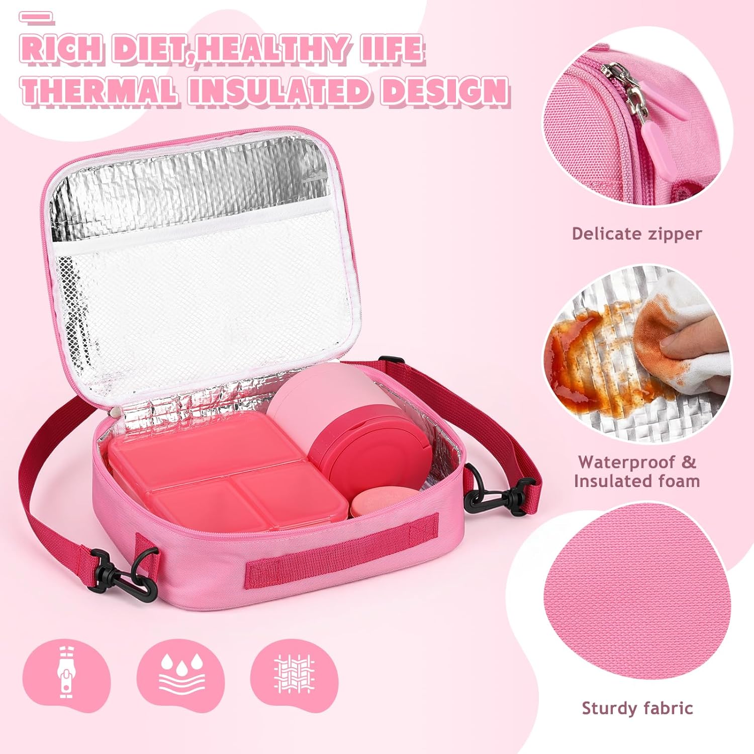 Snack Box Container Set with 10.5oz Soup Thermo for Kids Adults Lunch Box with 3 Compartents Toddler Leak Proof Portable Bento Box with Bag for Office,School,Travel,Outdoor - Pink