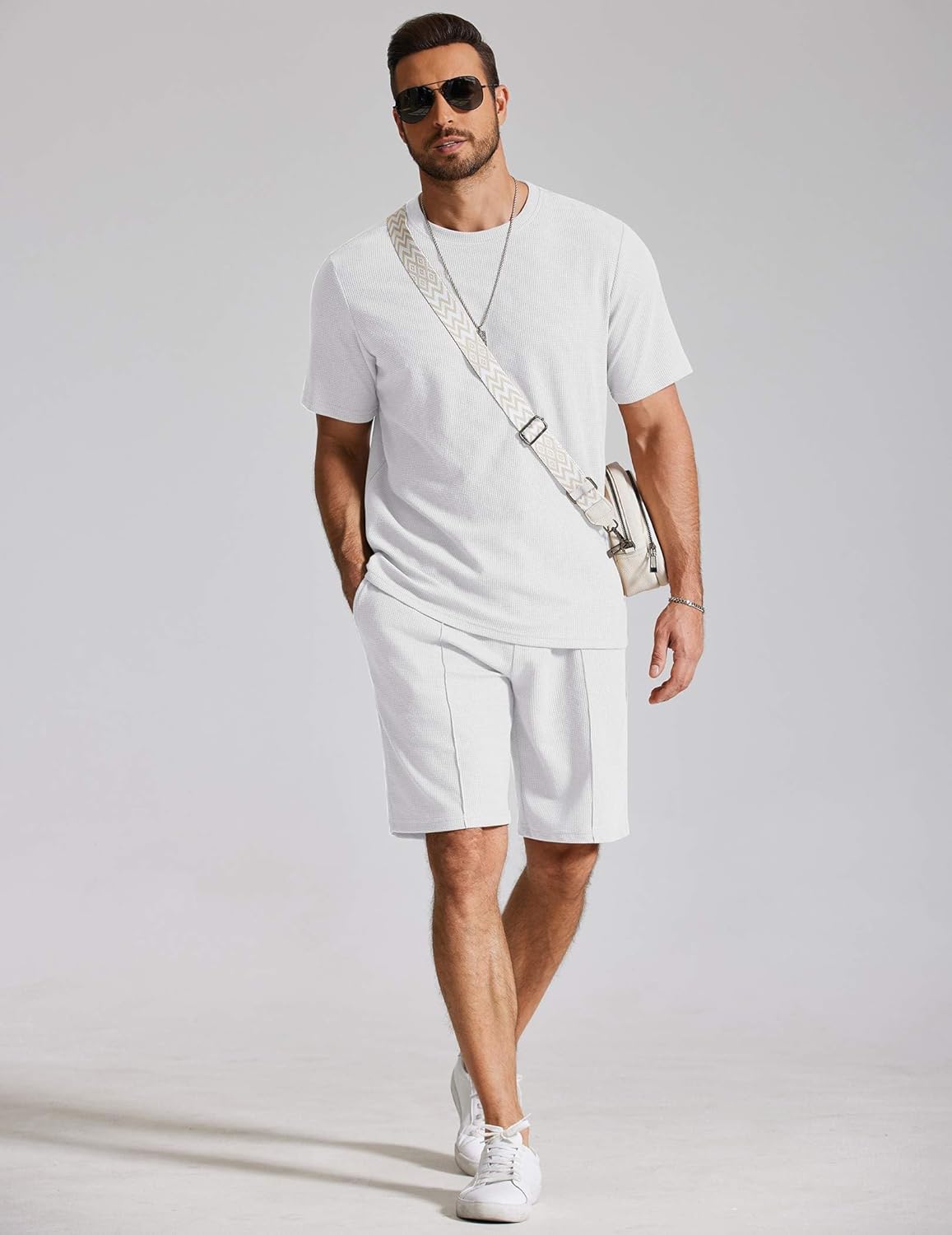 COOFANDY Mens 2 Pieces Outfits Casual Cotton T Shirt and Shorts Set Summer Short Sleeve Waffle Tracksuits - Image 5
