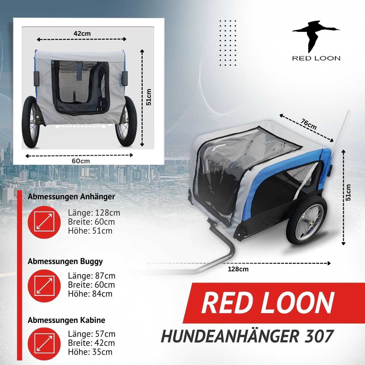 Hundeanhänger 2in1 Fahrradanhänger Hundetransporter - Red Loon Mini Anhänger & Jogger/Buggy blau - Radanhänger Fahrrad Transporter Hundebuggy - inkl. Fahne