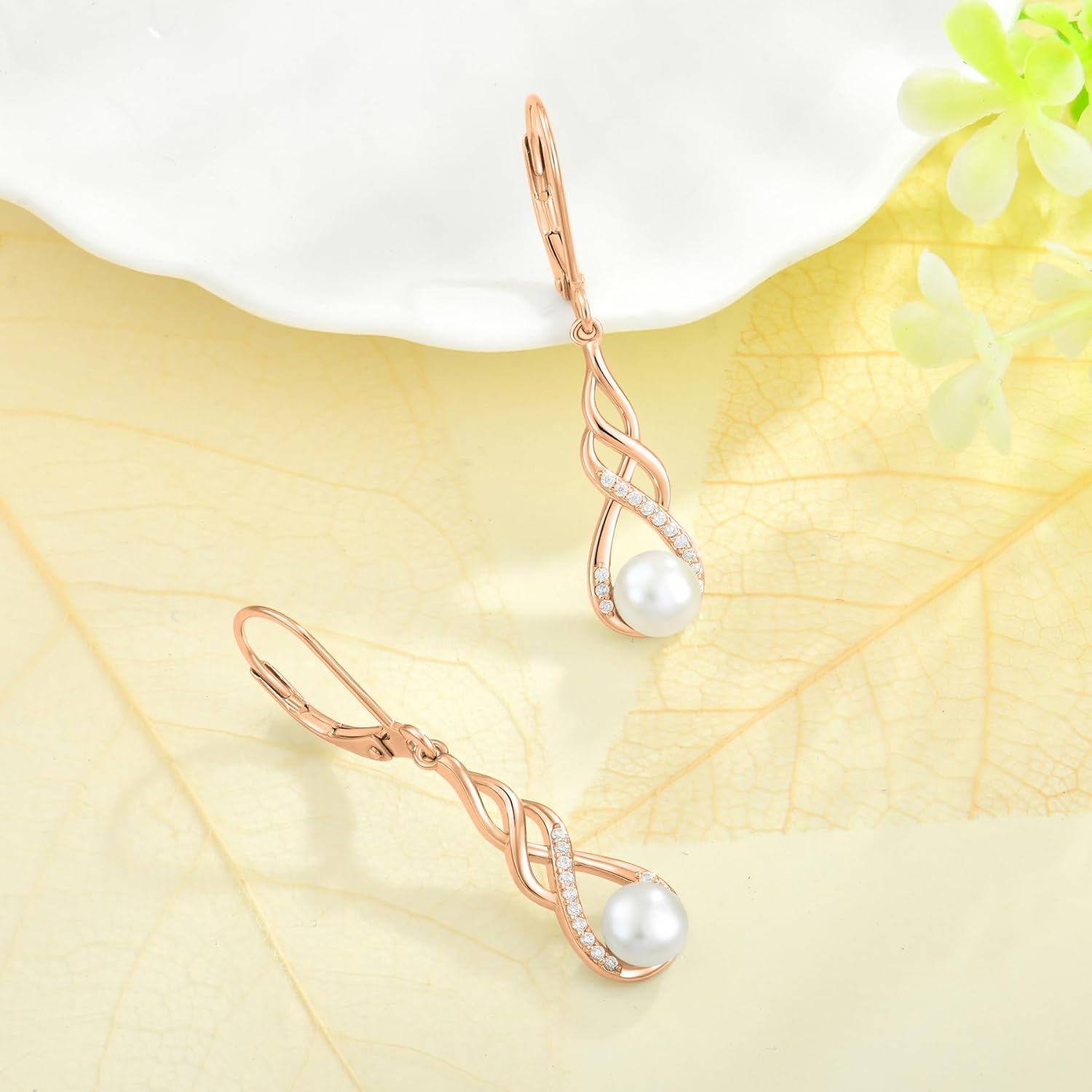 Pearl Dangle Drop Earrings for Women 925 Sterling Silver Infinity Leverback Earrings with Cubic Zirconia Jewelry - Image 2