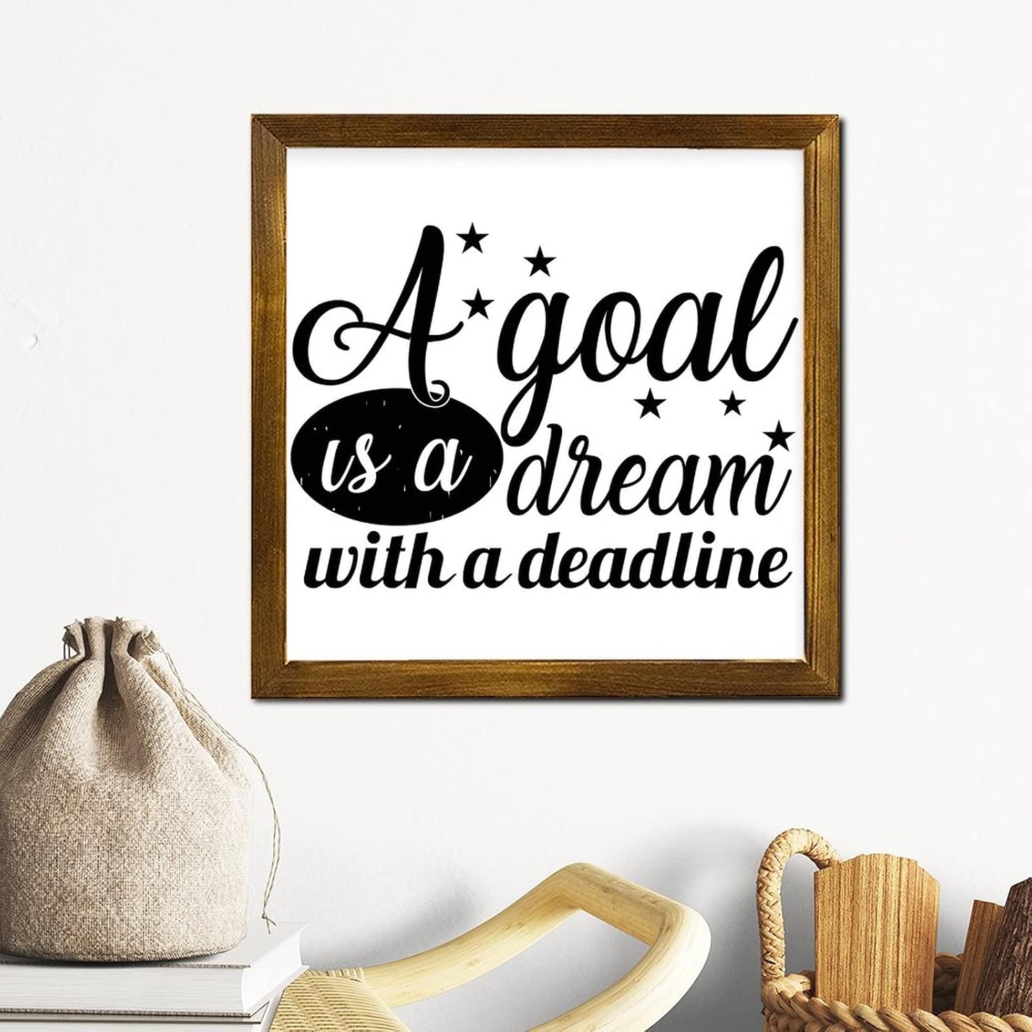 A Goal is A Dream with A Deadline Wooden Framed Sign Literary Quote Wooden Wall Hangings Classic Wooden Wall Art Decorative for Living Room Bedroom Dining Room 12x12 Inch