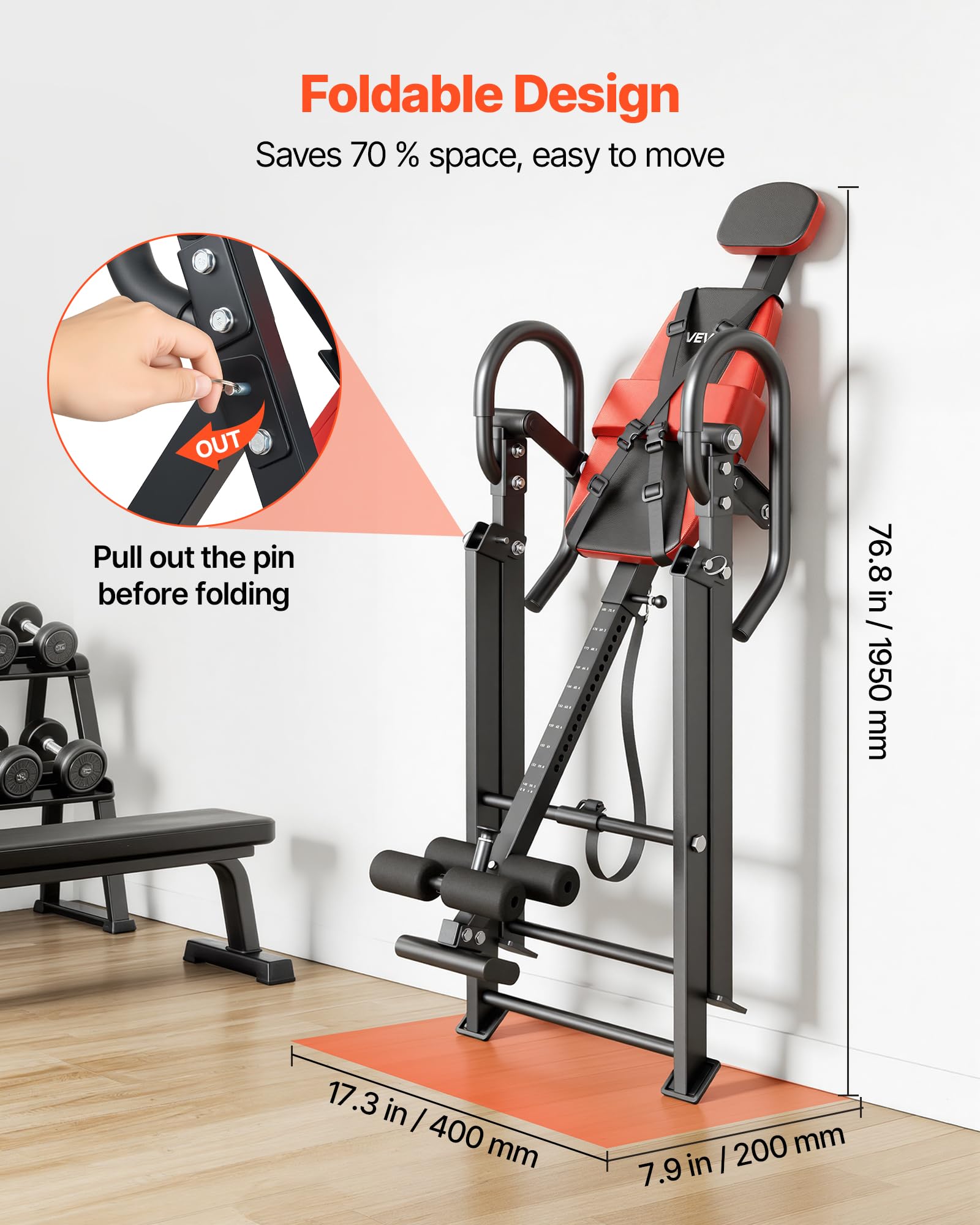 VEVOR Tavolo ad Inversione Fitness, Panca ad Inversione Carico Max 136 kg Pieghevole, Attrezzatura per Decompressione di Collo Schiena da Palestra Sviluppo Muscolare, Stretching, Cinghia Regolabile