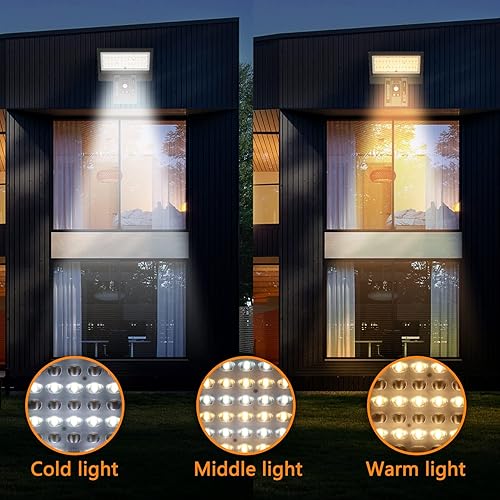 Miniatura 2 de Luz solar de pared para exteriores, 1200 lúmenes, 3 colores, 64 luces LED con sensor de movimiento de temperatura, con control remoto, 3 modos de