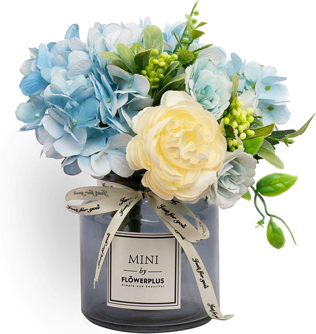 Artificial Rose Flower Bouquet Set, Hydrangea Hand Bouquet and vase, Ins Style Artificial Flower Set, Suitable for Living Room, Dining Table, Office, Wedding, Hotel Banquet Home Decoration. (Blue)