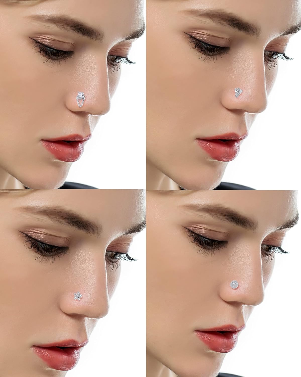 Tornito 16Pcs Nose Stud Rings L Screw Shaped Nose Ring Flower Snake Butterfly Heart Eye CZ Dangle Nose Rings Stud Body Piercing Jewelry for Women Men 20G Silver Pink Tone - Image 3