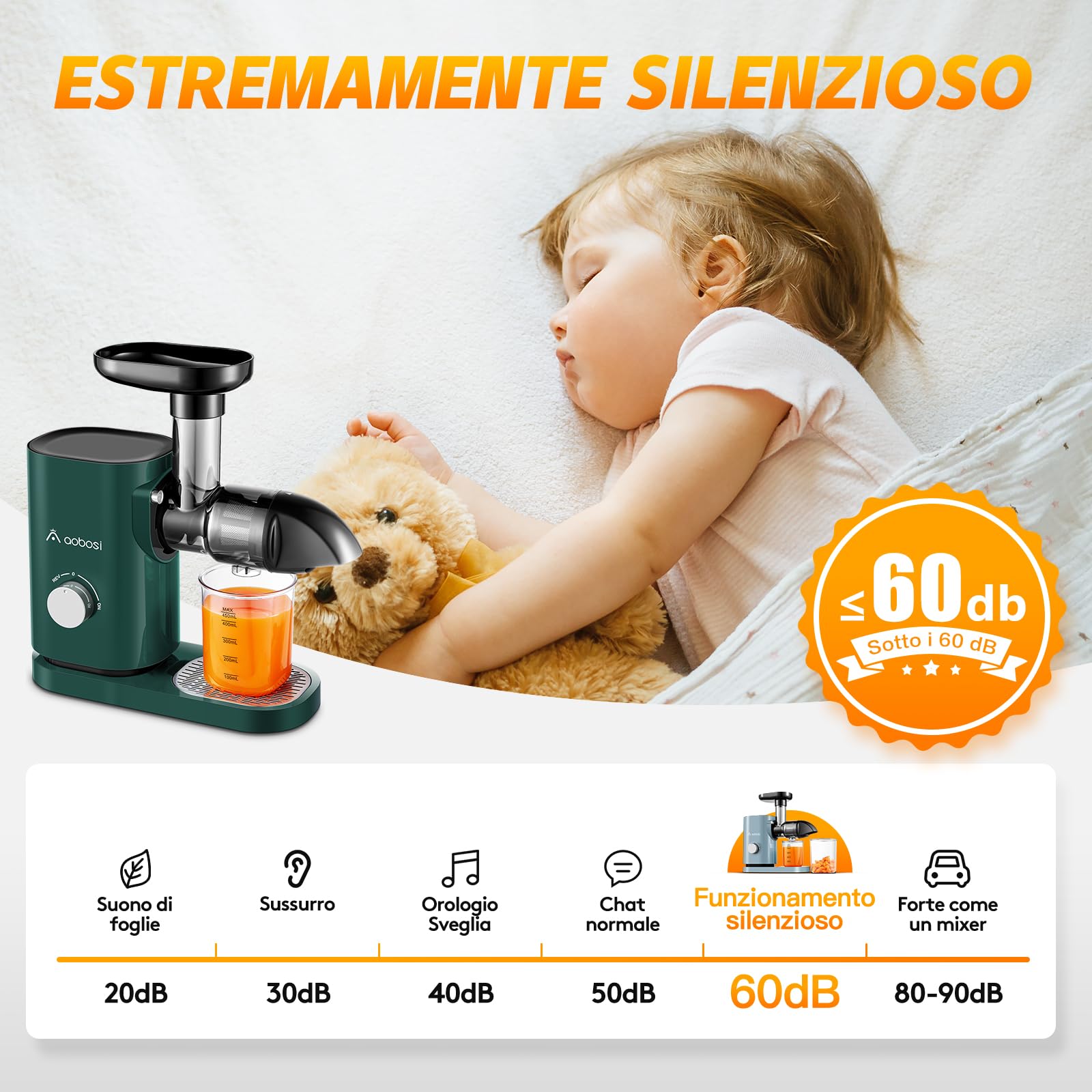 Aobosi Estrattore Frutta e Verdura, Estrattore di Succo a Freddo con Motore Silenzioso e Funzione Inversa, senza BPA & Facile da Pulire & Spazzola（150 Watt/Verde）