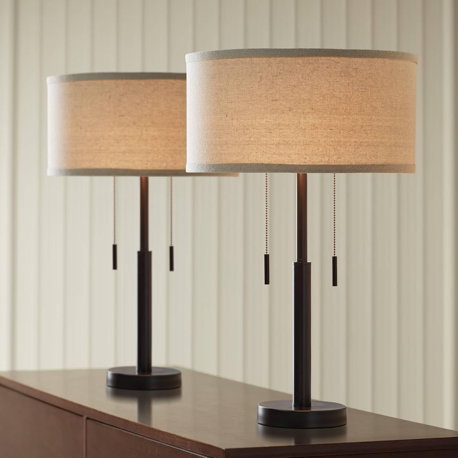 Franklin Iron Works Bernie Industrial Nightstand Table Lamp 25" High Set of 2 with Hotel Style USB Charging Port Rich Bronze Metal Fabric Drum Shade for Living Room Desk Bedroom House Bedside Home