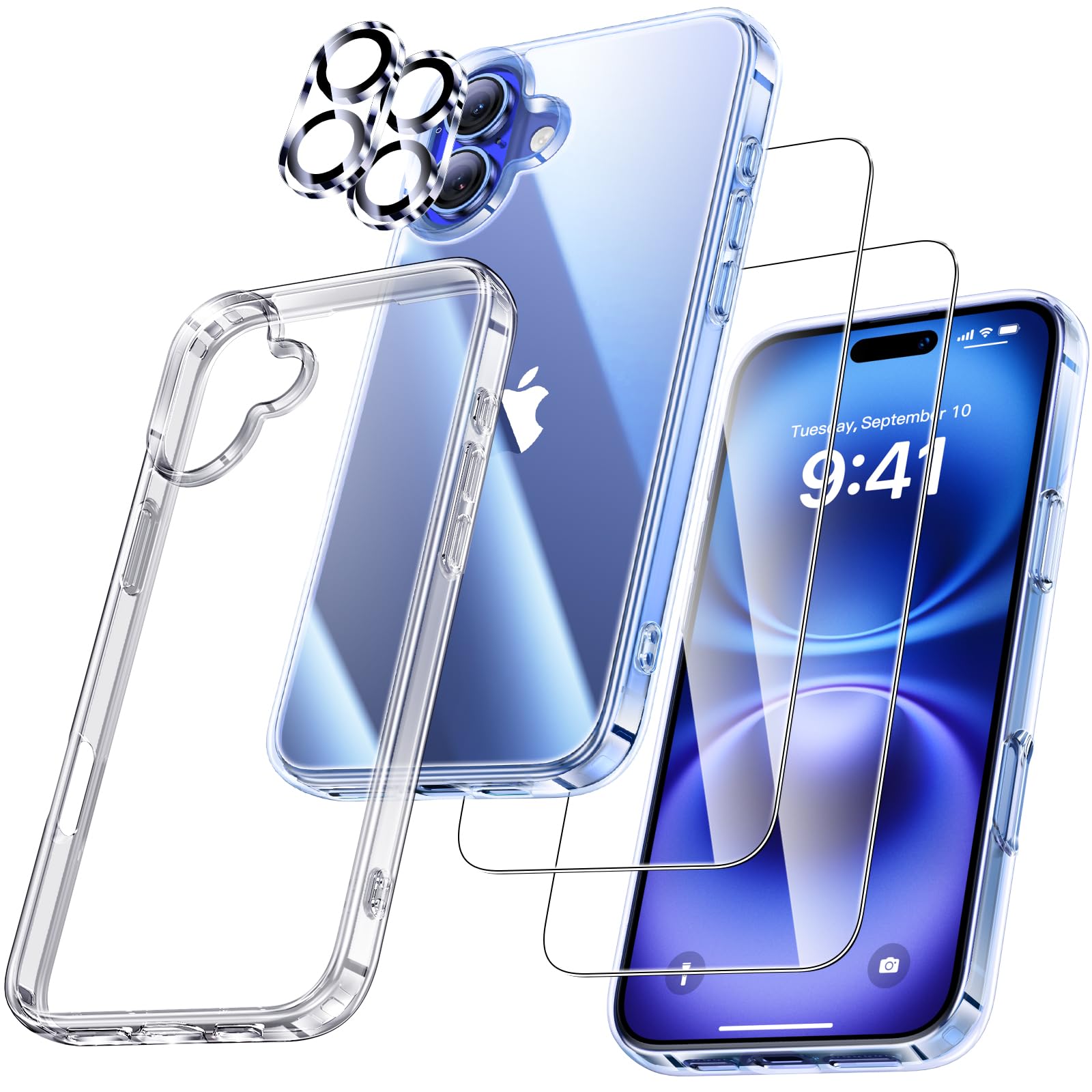 UniqueMe für iPhone 16 Plus Hülle - Handyhülle für iPhone 16 Plus Case, 5 in 1 Set Rundumschutz Schutzhülle Cover,1 Handyhülle & 2 Schutzfolie & 2 Kameraschutz - Transparent