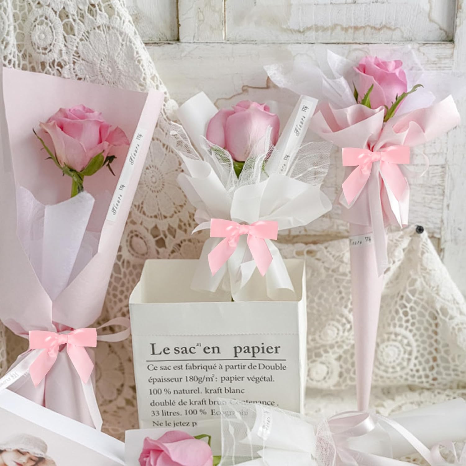 50pcs Pink Twist Tie Bows, 3.5'' Pre-Tied Satin Ribbon Mini Pink Bows for Gift Wrapping, Crafts, Wedding & Party Decoration - Image 7