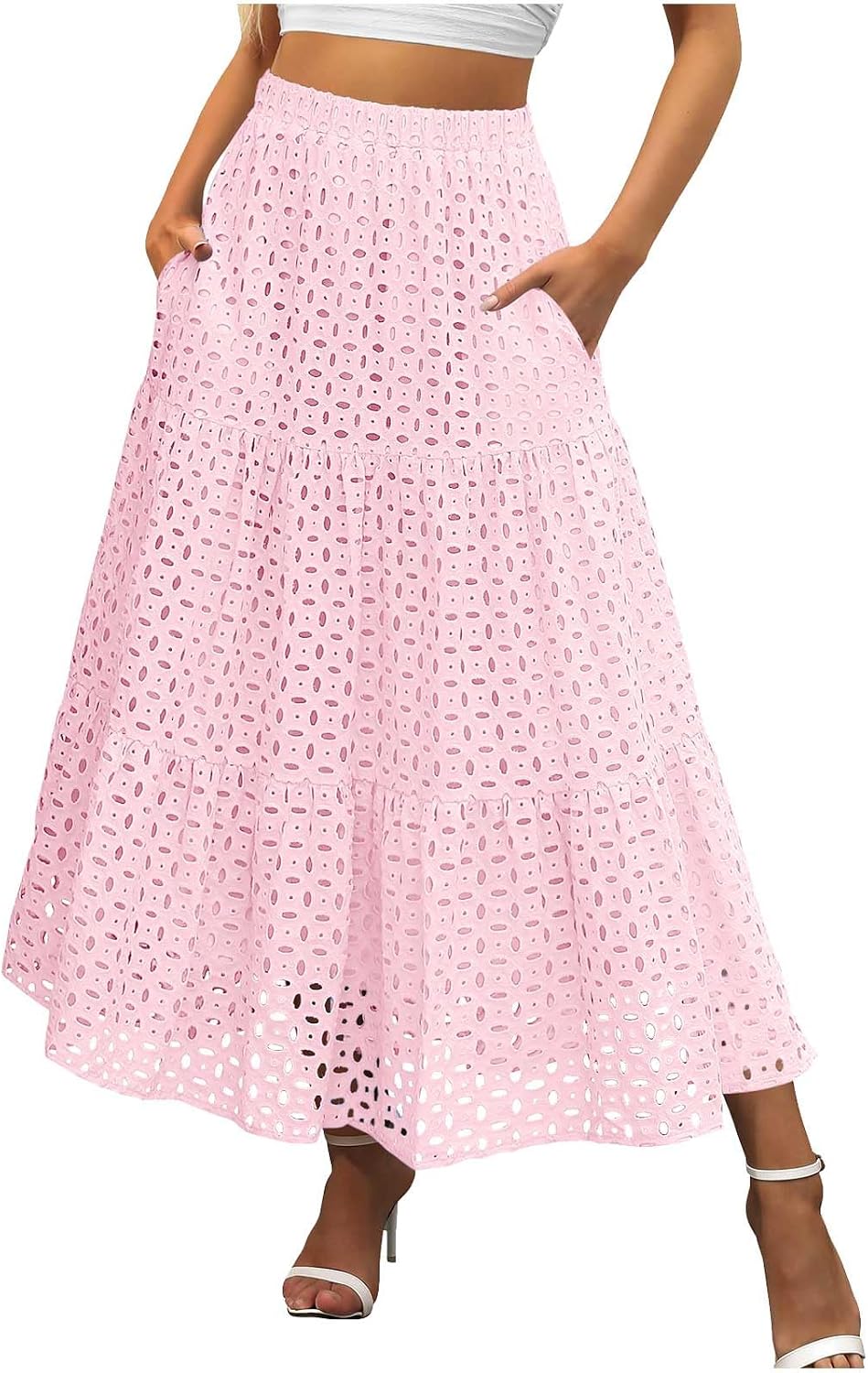 Womens Summer Casual Eyelet Bohemian Maxi Skirt with Pockets Beach Vacation Long Skirt with Mini Underneath