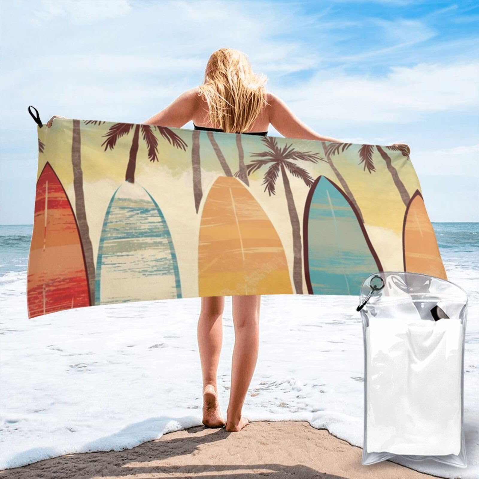 DWVTSLH Microfiber Sand Free Beach Towel 31.5"x63", Quick Dry Absorbent Travel Towel Large Camping Blanket, Surfboard Palm Tree Bath Towels Lightweight Pool Swim Towels for Vacation Essentials