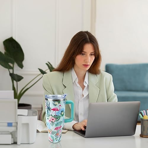Miniatura 5 de Vaso de 40 onzas con asa y popote, vaso aislado de acero inoxidable con tapa a prueba de fugas y tapa con popote, mantiene las bebidas frías y