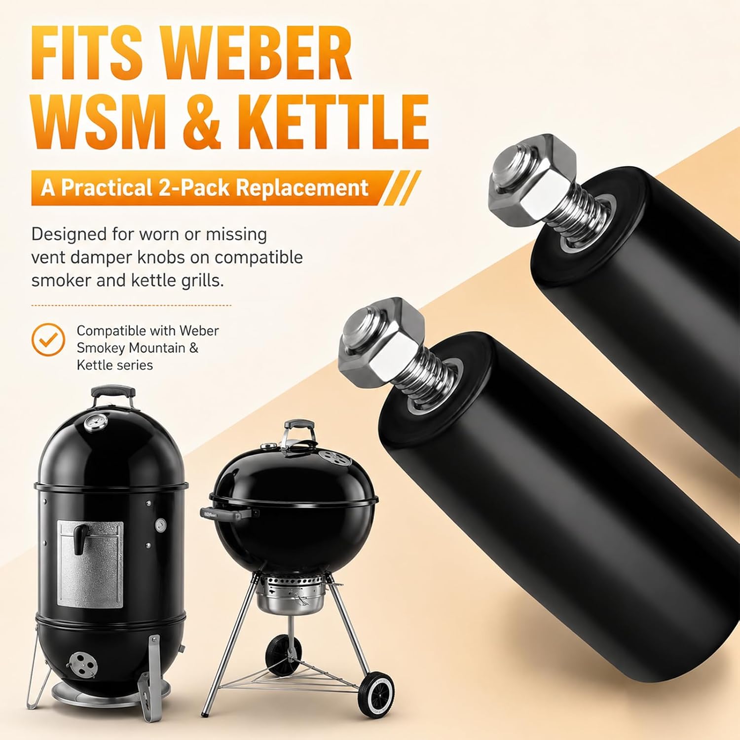 2 Pack Cool Touch Damper Handle Knob Fits Weber WSM Kettle Grill