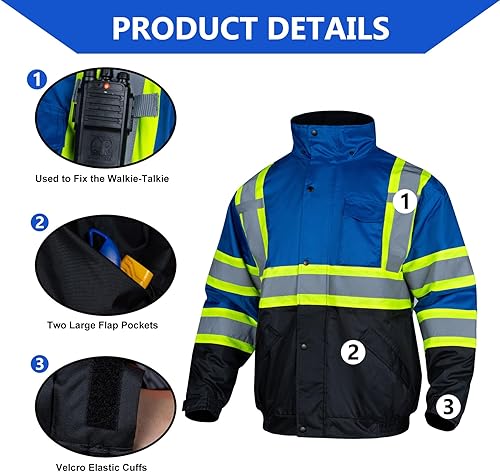 Vista 5 de FONIRRA Chaqueta de alta visibilidad para hombre, impermeable, reflectante, con capucha, de alta visibilidad, para el invierno, abrigo de seguridad