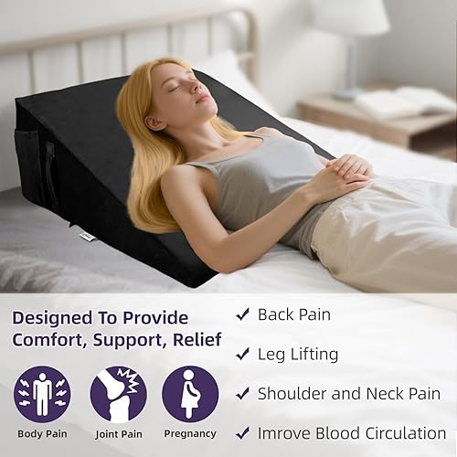 Miniatura 6 de Almohada de cuña de espuma viscoelástica de alta calidad (10 x 24 x 24 pulgadas), alivio del reflujo ácido y dolor de espalda, diseño de inclinación