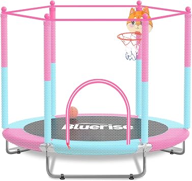 BLUERISE 60" Trampoline for Kids 5FT Toddler Trampolines Indoor/Outdoor with Adjustable Gymnastics Bar & Safety Net, No-Gap Design, Anti-Rollover Bottom, Basketball Hoop, Gifts for Boys & Girls