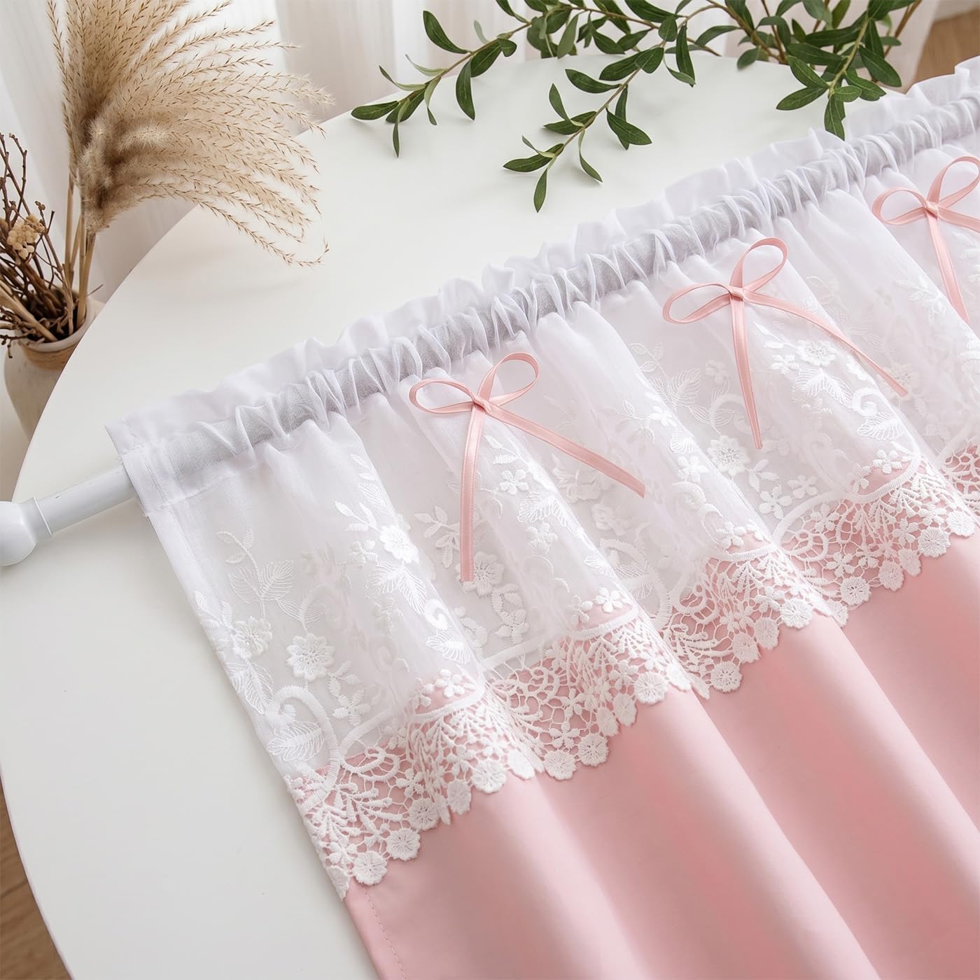 Pink Valance Lace Curtain for Small Window Cottage with Bow Decor 52Wx18L