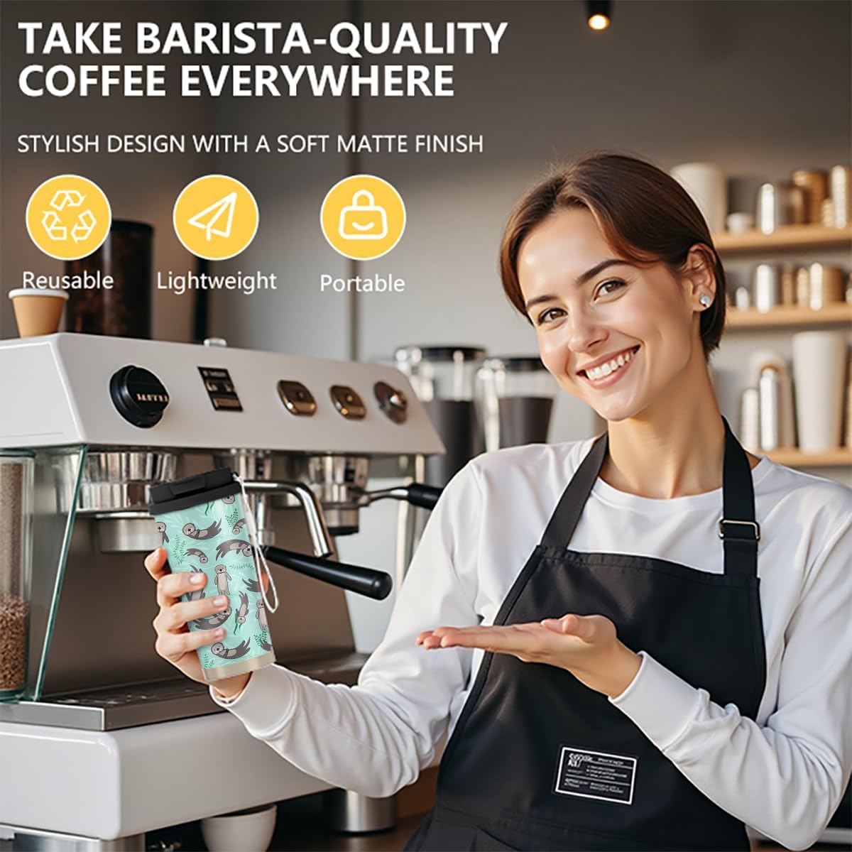 18oz Cute Sea Otter Coffee Mug Travel Cups with Lid and Flip Straw, Stainless Steel Insulated Tumbler Water Bottle with Strap, Gifts for Women Animal Lovers - Image 5