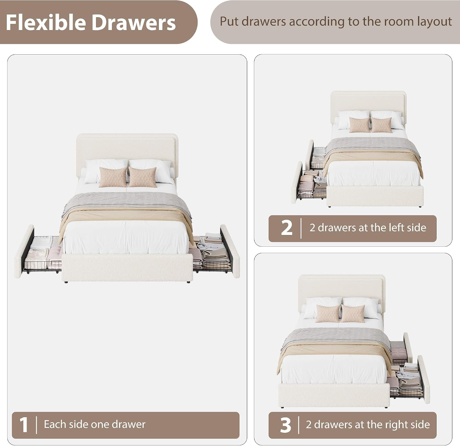 IDEALHOUSE Teddy Fleece Twin Size Bed Frame, Cloud Cream Bed Frame with 2 Storage Drawer and Adjustable Headboard, Soft Teddy Fabric, No Box Spring Required, Easy Assembly, Cream