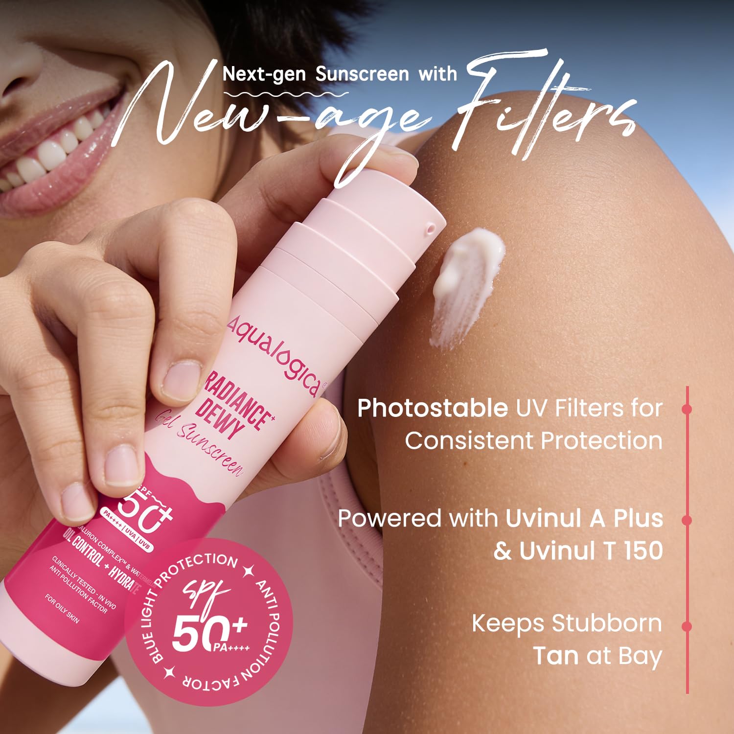 Aqualogica Radiance+ Dewy Gel Sunscreen - 50g | SPF 50+ PA++++ | In-Vivo Tested | New-age Filters | Anti Pollution Factor | For Bright & Radiant Skin | Fragrance-Free & No White Cast | 2% Nia-Hyaluron Complex | Broad Spectrum UVA/B & Blue Light Protection | Lightweight | For Men & Women 4