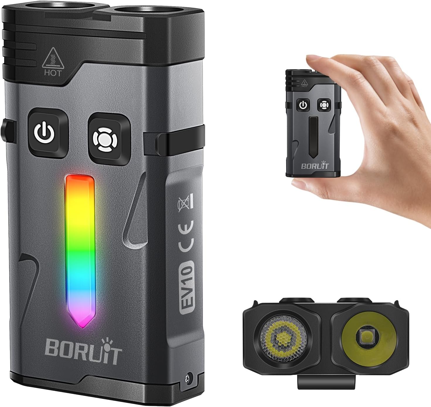 BORUIT EV10 Rechargeable EDC Flashlight with Spot and Flood, Super Bright Pocket Flashlights with Clip, RGB Light & IP66 Waterproof, Dual Switch Small Flashlight Magnetic for Outdoors, Emergency