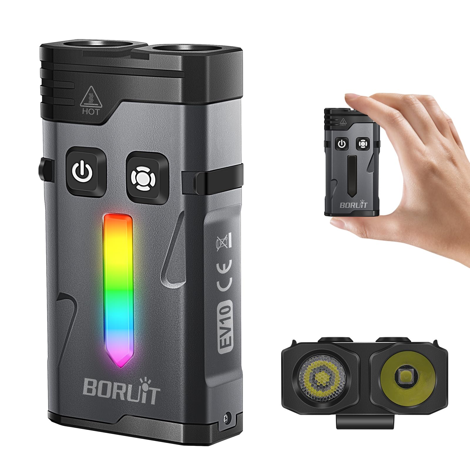 BORUIT EV10 Rechargeable EDC Flashlight with Spot and Flood, Super Bright Pocket Flashlights with Clip, RGB Light & IP66 Waterproof, Dual Switch Small