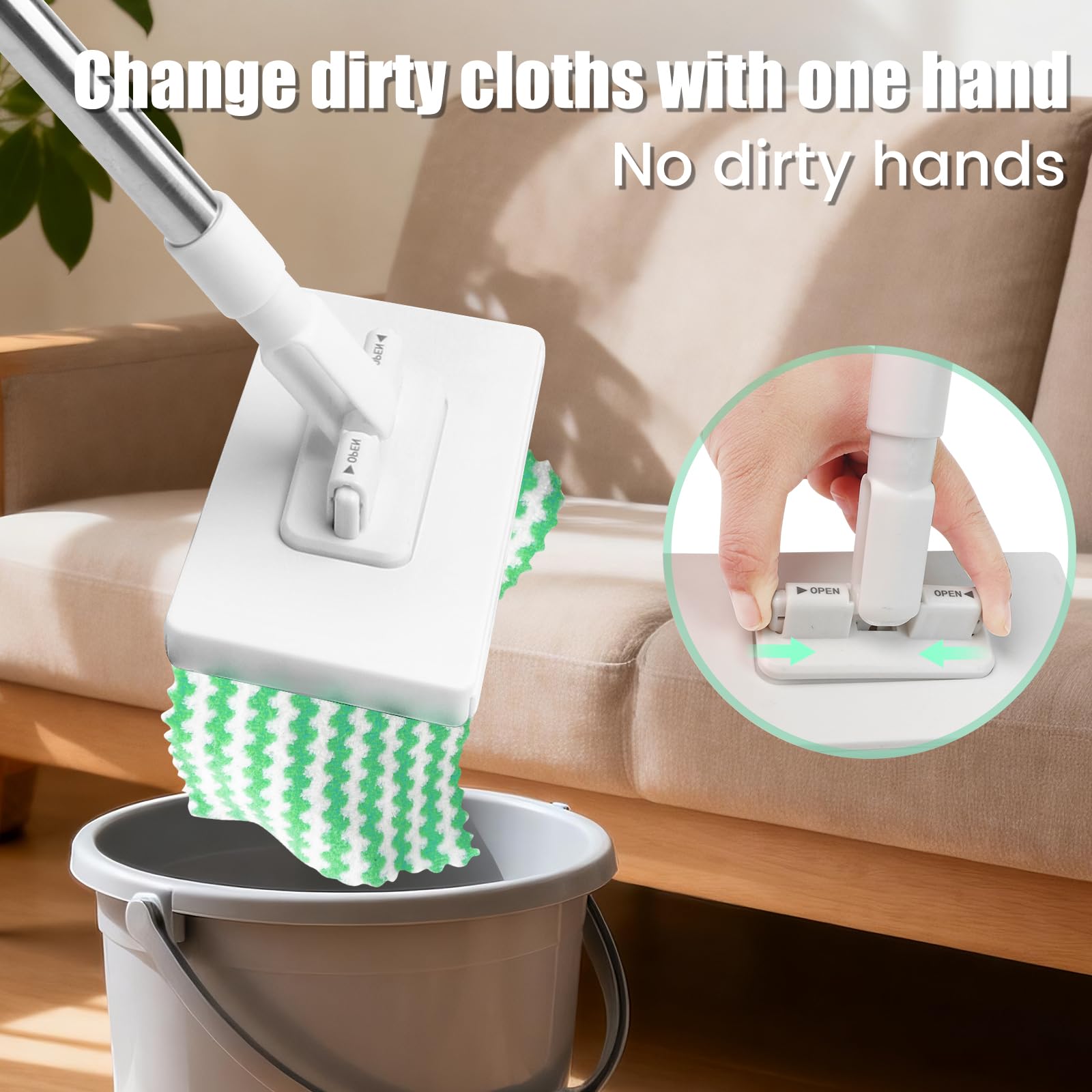 Balai Serpillère Plat avec Système de Serrage à Pression - 10 Lingettes Microfibres Incluses, Manche Télescopique 100 cm, Nettoyage Sol Sec et Humide, sans Se Salir Les Mains, pour Maison et Bureau - 4